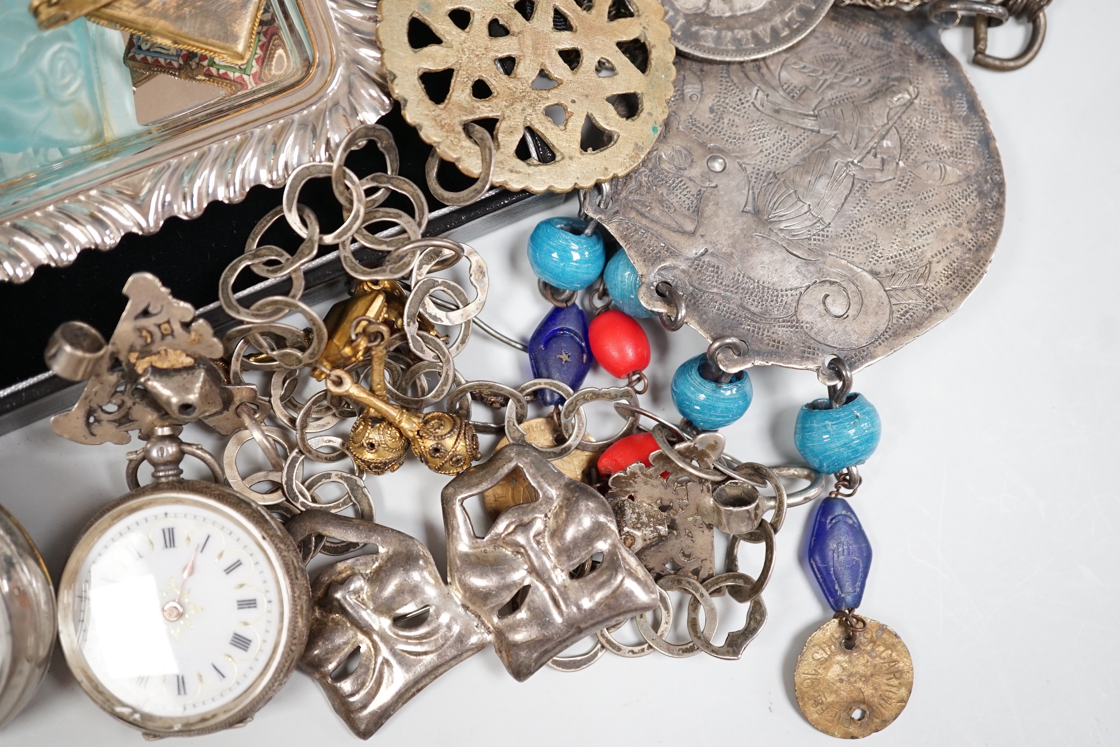 A mixed group of collectables including wrist and pocket watches, coins, costume jewellery fob watch, silver dish etc.